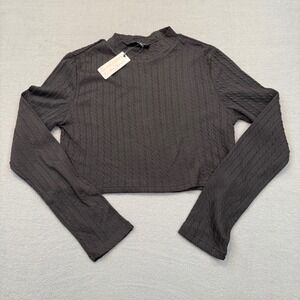 Hunter & Brown Crop Top Women Large Black Cable Knit Mock Neck Long Sleeve